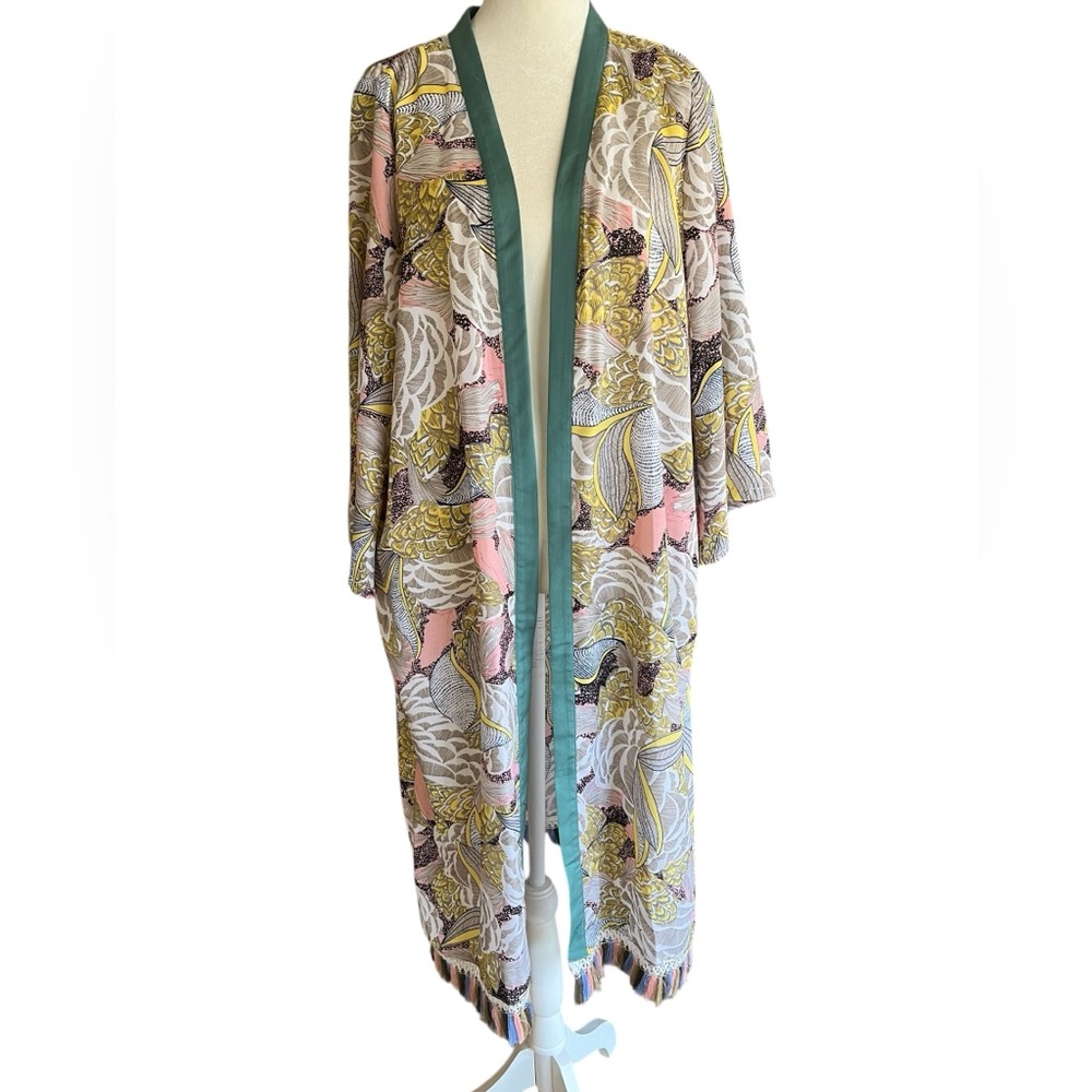 HAYDEN Los Angeles Floral Fringed Long Open Boho Kimono Top Teal Yellow Size S